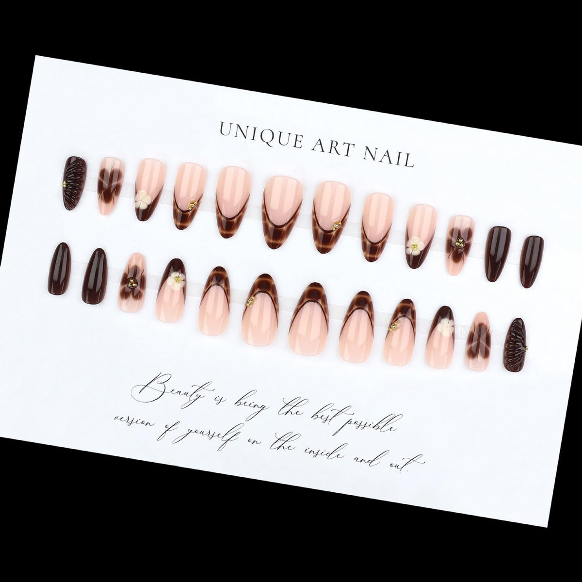Octoswave Medium Press on Nails Almond Fake Nails French Tip Artificial Nail Rhinestones Charm Stick on Nail for Women 24pcs