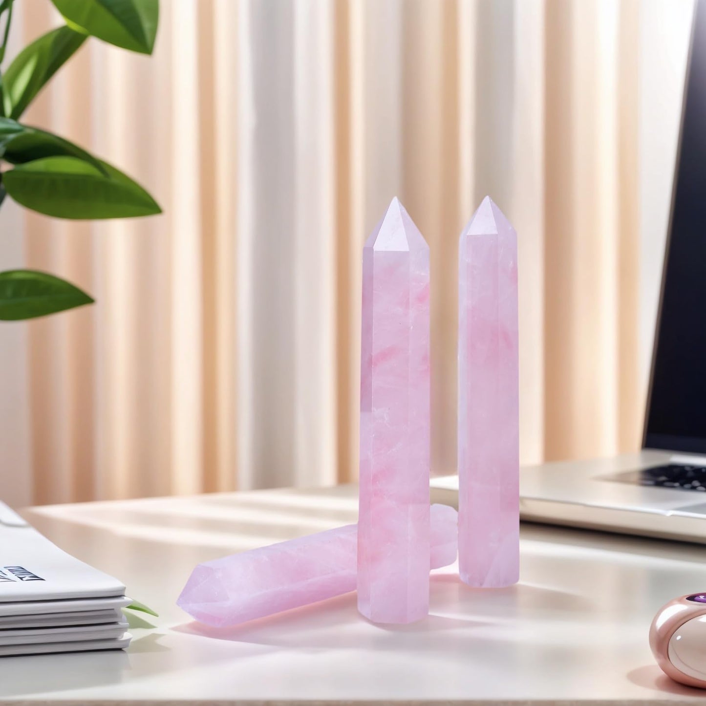RUIJINGYUAN Rose Quartz Crystal Tower 6-6.3" - 6 Faceted Single Point Crystal Wand for Chakra, Reiki, Meditation & Energy Healing Home Decor Gift