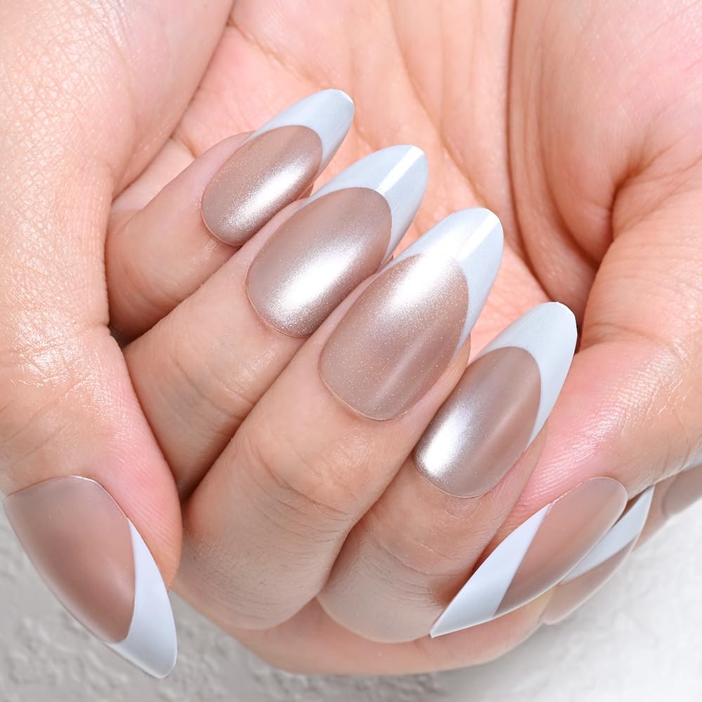 evpct Nude Cat Eye French Tip Press on Nails Almond Medium No Glue, White French Tip Medium Almond Holographic Stick on Nails for Women, Reusable Full Cover Soft Press on Nail Perfectly with Design