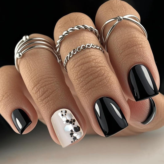 CTTHNBD Press on Nails Black - Medium Square Fake Nails with Silver Pattern Design - Glossy Full Cover Stick on False Nails - for Women 24 Pcs