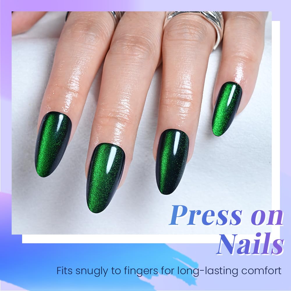 evpct Glitter Green Cat Eye Chrome Press on Nails Almond Medium No Glue, Holographic Medium Almond Stick on Fake Nails for Women Gift, Glossy Cateye Effect, Perfectly Fit Salon-quality Soft False Nail