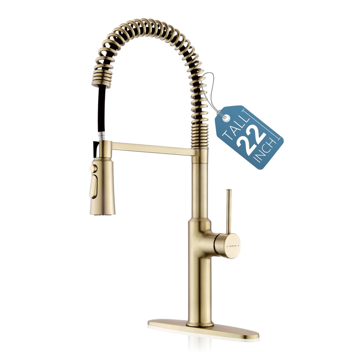 Lavatrum 22‘’ Extra-Tall Brushed Gold Kitchen Sink Faucets, Commercial High Arc Single Handle Kitchen Faucets for Pull Down Sprayer Modern Spring with Deck Plate 22 inch