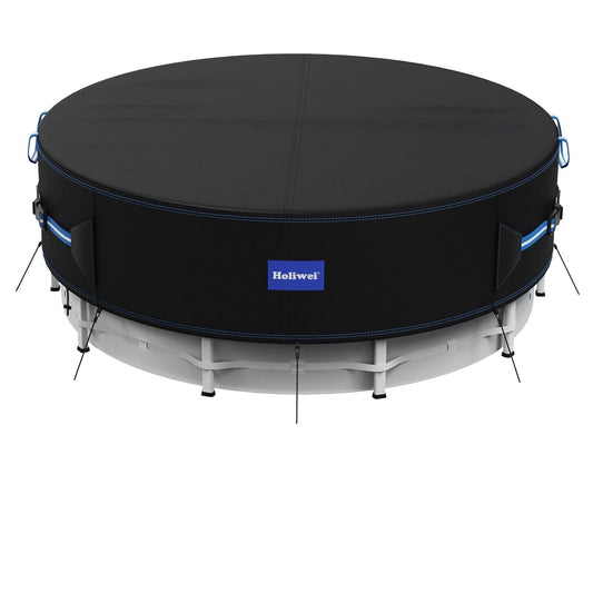 Holiwei 24 Ft Round Pool Cover with Reflective Strips, 420D Swimming Pool Cover for Above Ground Pools, Solar Cover with Drawstring and Ground Nails for Dustproof, UV Protected