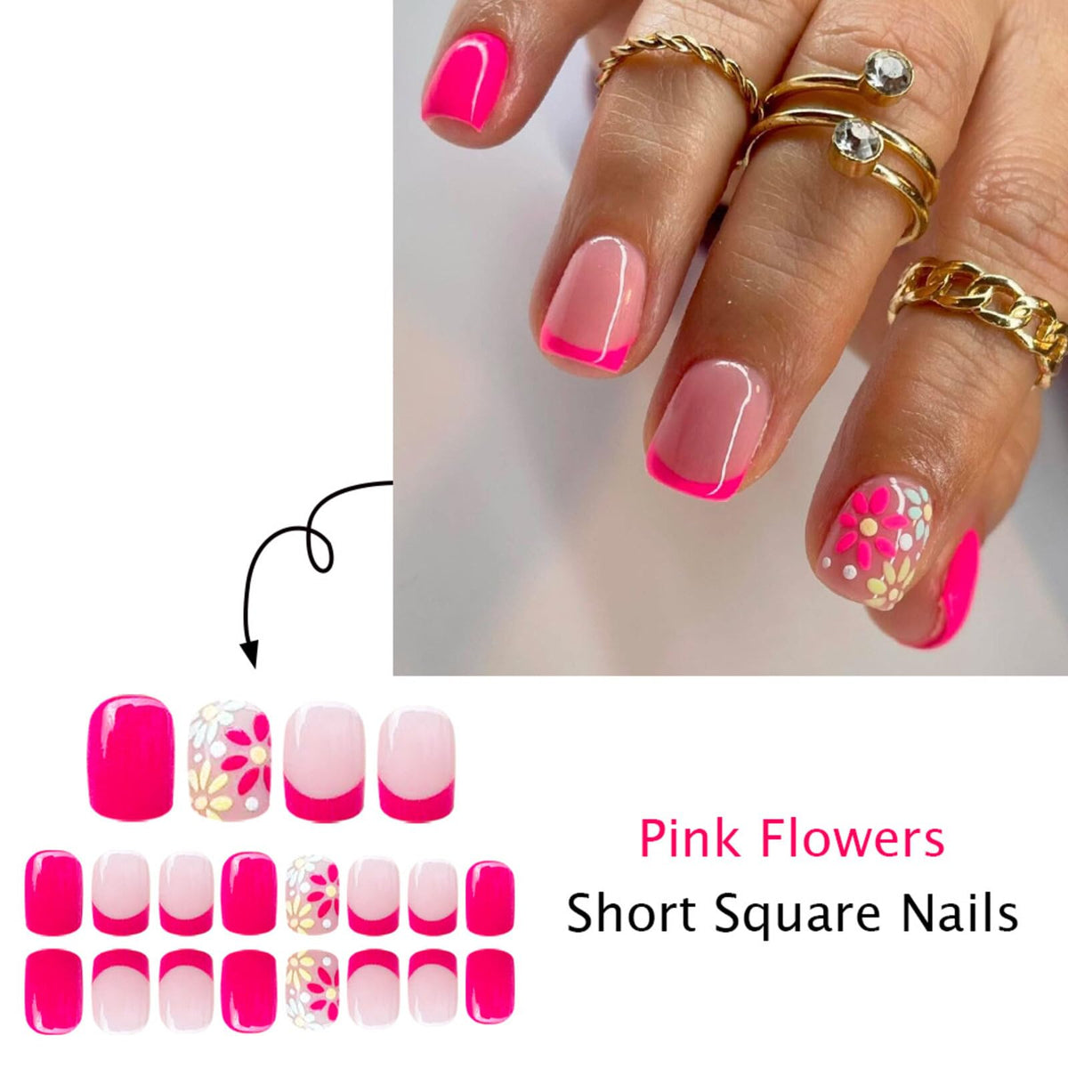 Floral Medium Square Press on Nails Nude Base Neon Pink Floral Accents French Tip Details Glossy Finish Reusable Spring Nails Easy Apply Fashion Party Wear Durable Trendy Women Girls Nail Art 24 Pcs