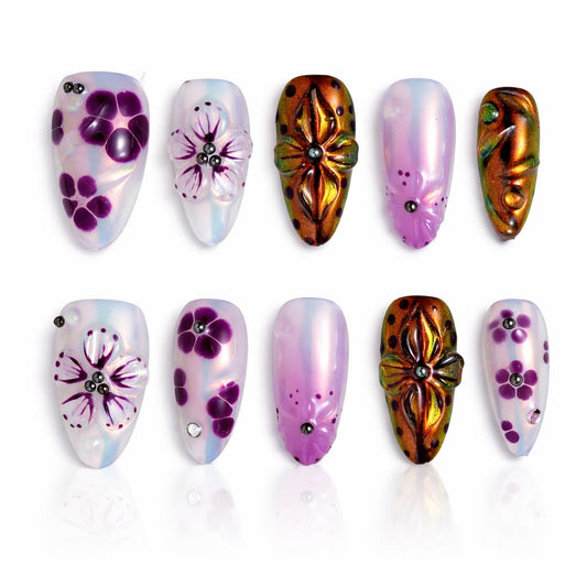 IntoVibes 10 Pieces Handmade Press On Nails Medium Almond, Purple Thickened False Nails With Floral Decoration, Reusable Fake Nails Almond, Reusable Acrylic Nails (M)