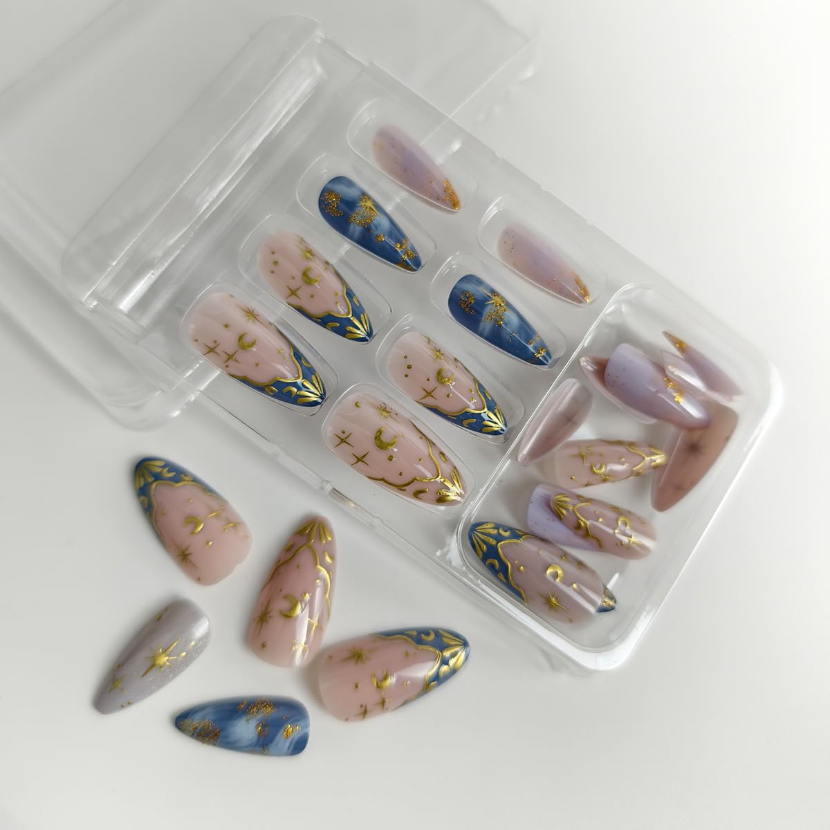 24Pcs Almond Press on Nails Medium Fake Nails with Gold 3D Star Moon Design French Tip Glue on Nail Full Cover Glossy False Nail Reusable Acrylic Artificial Fingernails for Women Manicure Decoration