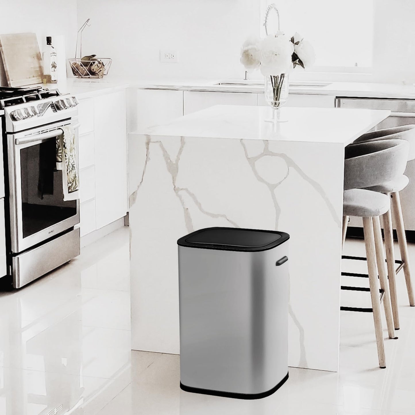 PrecisionAuto 14.5 Gal/55L Motion Sensor Trash Can, Touchless Automatic Garbage Bin with Soft-Close Lid & Handle, Rectangular Waste Basket for Kitchen, Bathroom, Bedroom, White(No Inner Bucket)