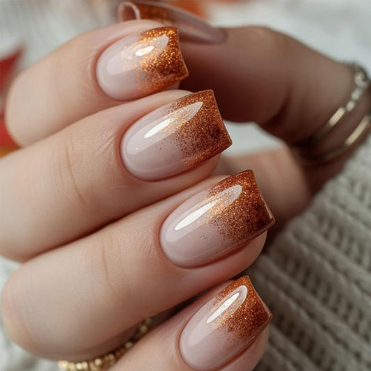 Elegant Nude Press-On Nails with Copper Glitter Tips, Square Shape, Glossy Finish, Easy to Apply, Salon Quality, Durable False Nails for Women – 24PCS