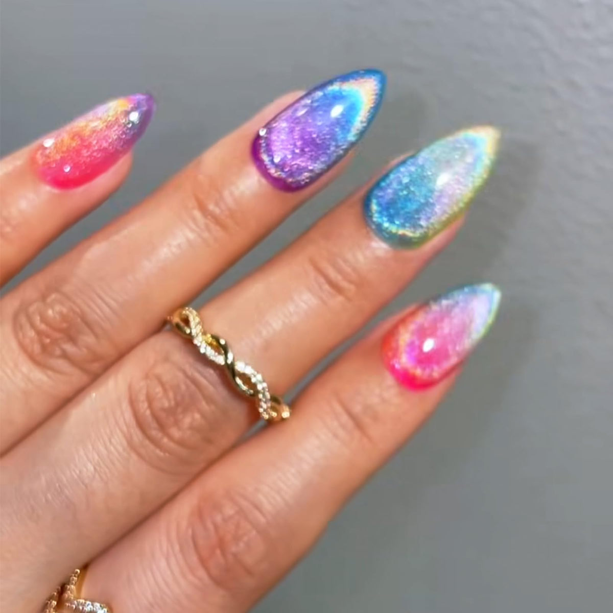 IMRAIN Rainbow Press on Nails Medium Almond Fake Nails Color Ombre Glossy Gel False Nails Full Cover Glitter Summer Stick on Acrylic Nails for Women Girls 24Pcs