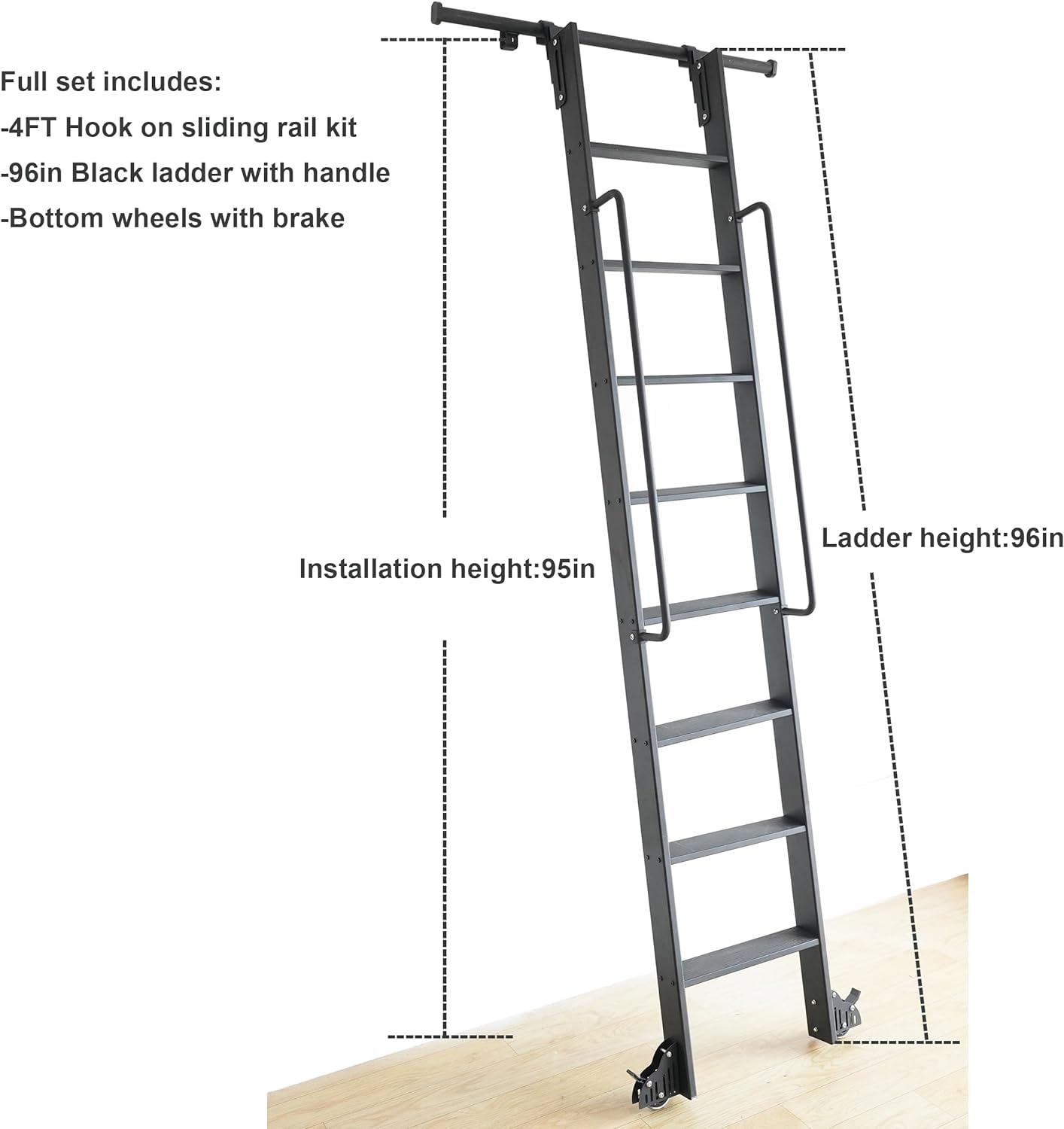 HARDJULAN 96" Telescopic Sliding Library Ladder with Handrail – Lightweight Aluminum Rolling Ladder with Braking Wheels, 4FT Hook Ladder Track Kit for Home, Loft, and Bookshelves
