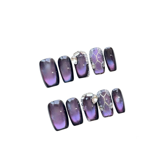 Purple Cat Eye Press On Nails - Galaxy Nebula Design with Crystal & Cracked Stone Accents, Short Coffin Shape, Reusable False Nails for Women (L)