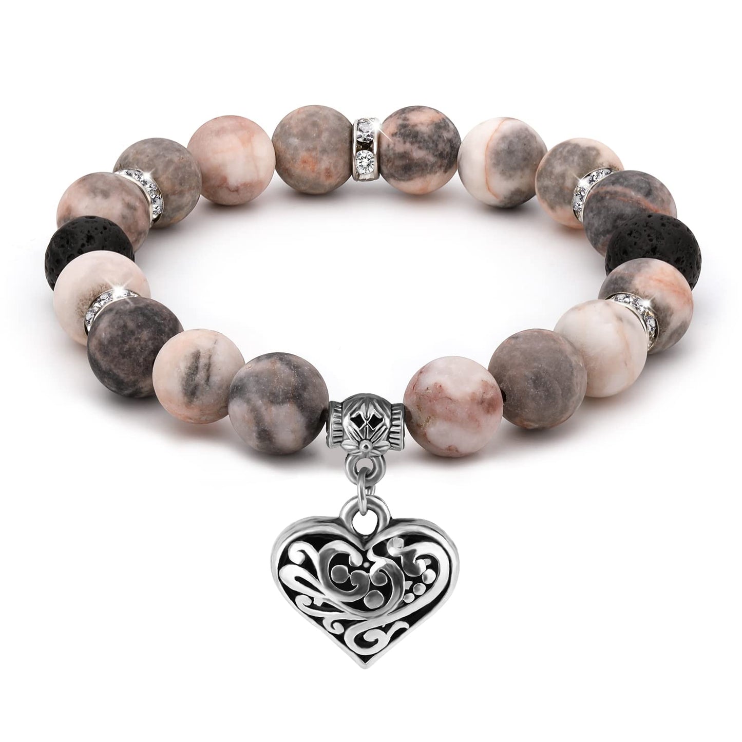 Emibele Healing Beaded Stretch Bracelets for Women, Anxiety Rose Quartz Crystal Bracelet with Healing Stones Lava Rock Silver Heart Charm, Essential Oils Stress Relief Bracelet for Yoga Meditation