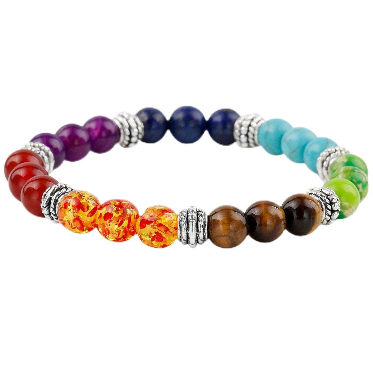 TUMBEELLUWA Beads Bracelets for Men and Women, Semi Precious Stone Yoga Beads Chakra Bracelet,7 Color Chakra