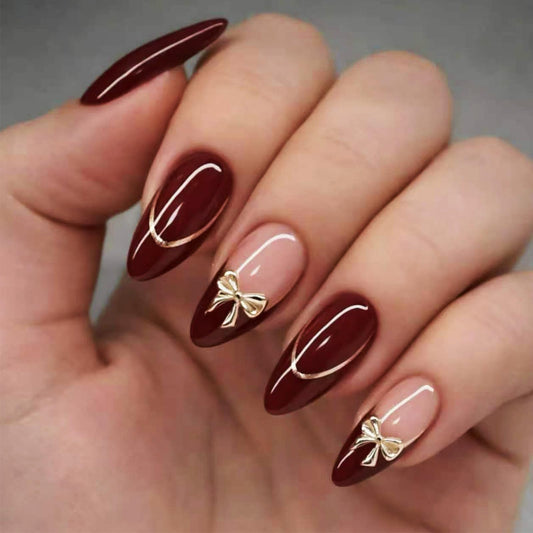 Burgundy Nude Press on Nails Glossy Gold Bow Medium Almond Fake Nail French Tips False Nails with Metallic Line Design Elegant Stick on Nail Simple Glue on Artificial Fingernails for Women Daily Wear