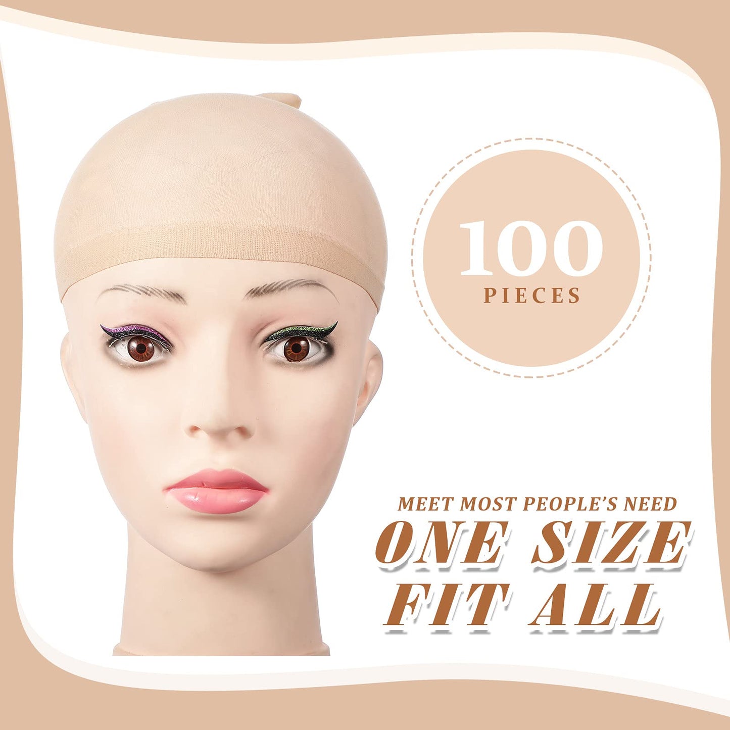 Waydress 100 Pcs Wig Cap Elastic Medium Nylon Stocking Caps Stretchy Stocking Wig Caps Secure Your Hair, Lightweight, Breathable (Beige)