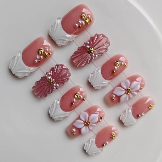 Gleamrain 10pcs Handmade Long Press-on Nails Coffin Shape (M Size) with 3D Flower Designs for Women Suitable for Summer Vacation, Beach Proms, Parties or Daily Wear, D109