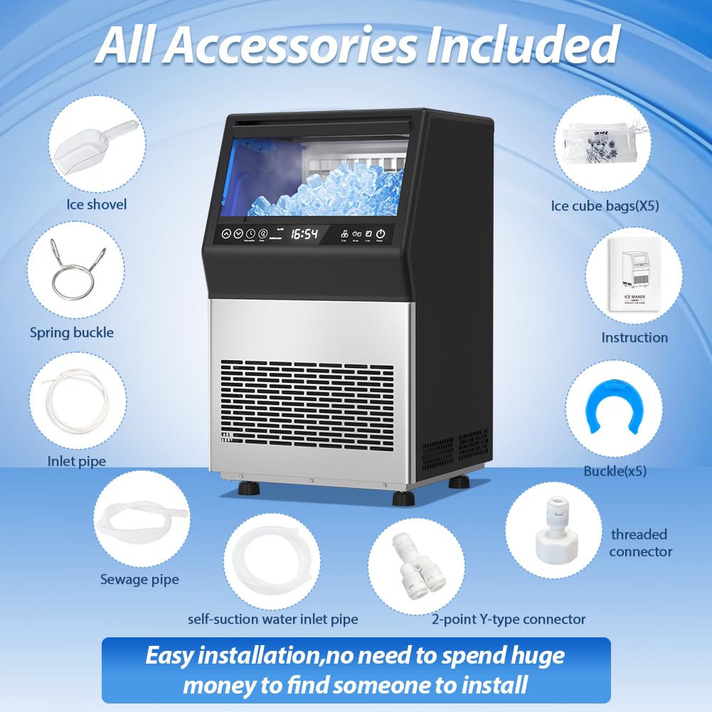Commercial Ice Maker, 100LBS/24H Undercounter/Freestanding Ice Machine with Self-Priming Gallon Water& Facuet Water Inlet, Self-Cleaning, 3 Ice Thickness,16LBs Storage Bin for Home, Office,Garage
