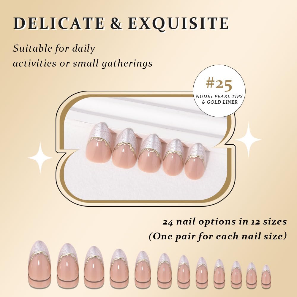 evpct French Tip Press On Nails Short Almond No Glue, Nude Gold Line & Pearl White Tips, Glossy Short Almond Fake False Press on Nails, Reusable Stick on nail Press ons Nail Kit, Salon-quality