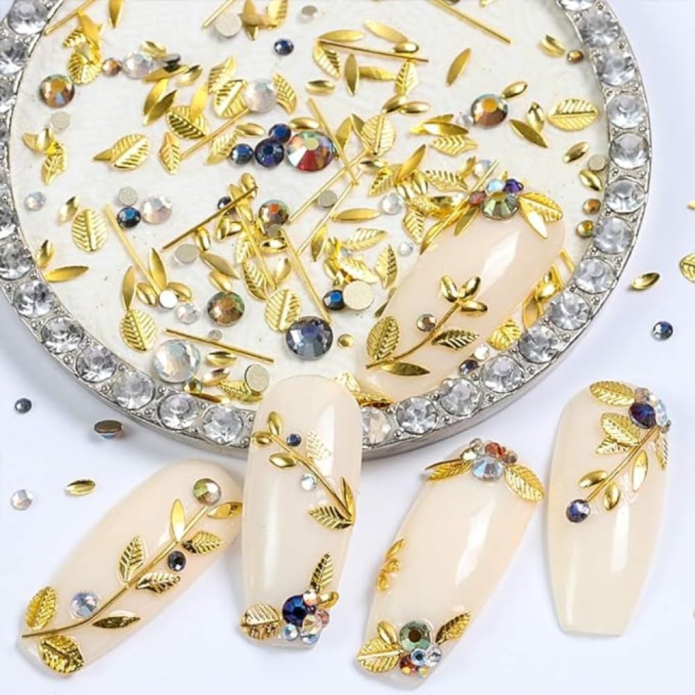 Chunmeng 3D Metal Nail Gems for Acrylic Nail Supplies, Holographic Gold Line Leaf Gems Sparkle Shape Design Decals DIY Manicure Jewelry Accessories for Women Girls Nail Decor
