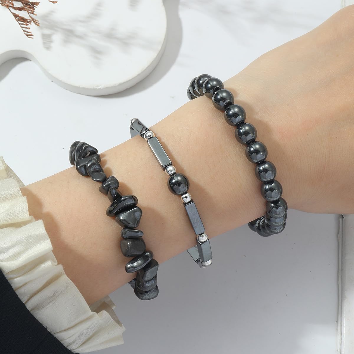 IVY TAILI 3 Pcs Black Hematite Bracelet for Women 8mm Hematite Crystal Bracelet for Women Hematite Jewelry Natural Healing Protection Stone Bracelets Beaded Bracelets Gift for Men Women