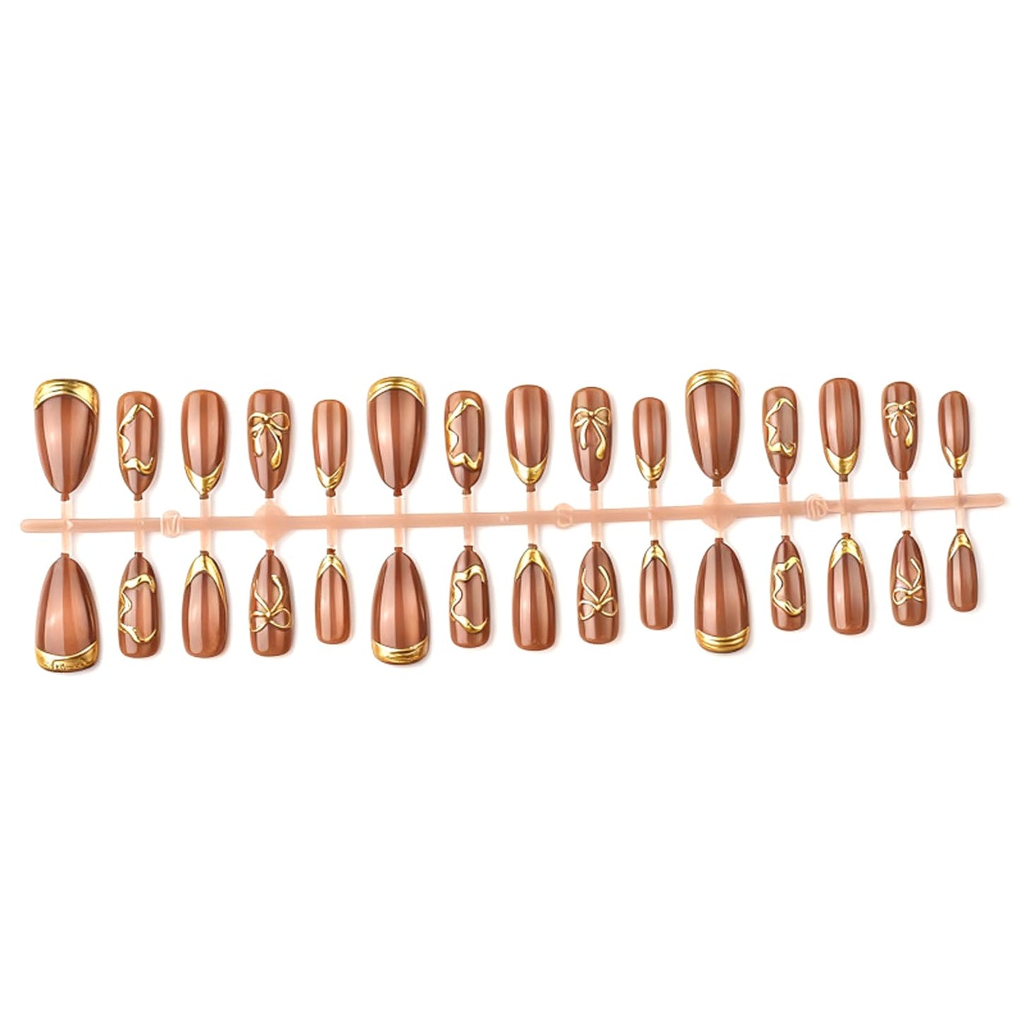 30Pcs Chrome Gold Press on Nails Medium Almond Fake Nails 3D Gold Pearls Bow Designs False Nails Gilded French Artificial Nails Glitter Full Cover Brown Smudge Glossy Acrylic Stick on Nail for Women
