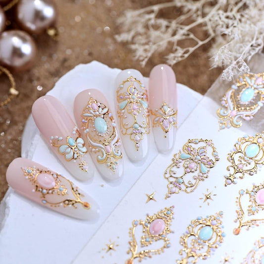 5D Embossed Gold Nail Stickers Gemstone Nail Art Stickers Decals Vintage Gold Nail Stickers for Nail Art Jewel Style Self-Adhesive Manicure Decoration for Women Nails Supplies