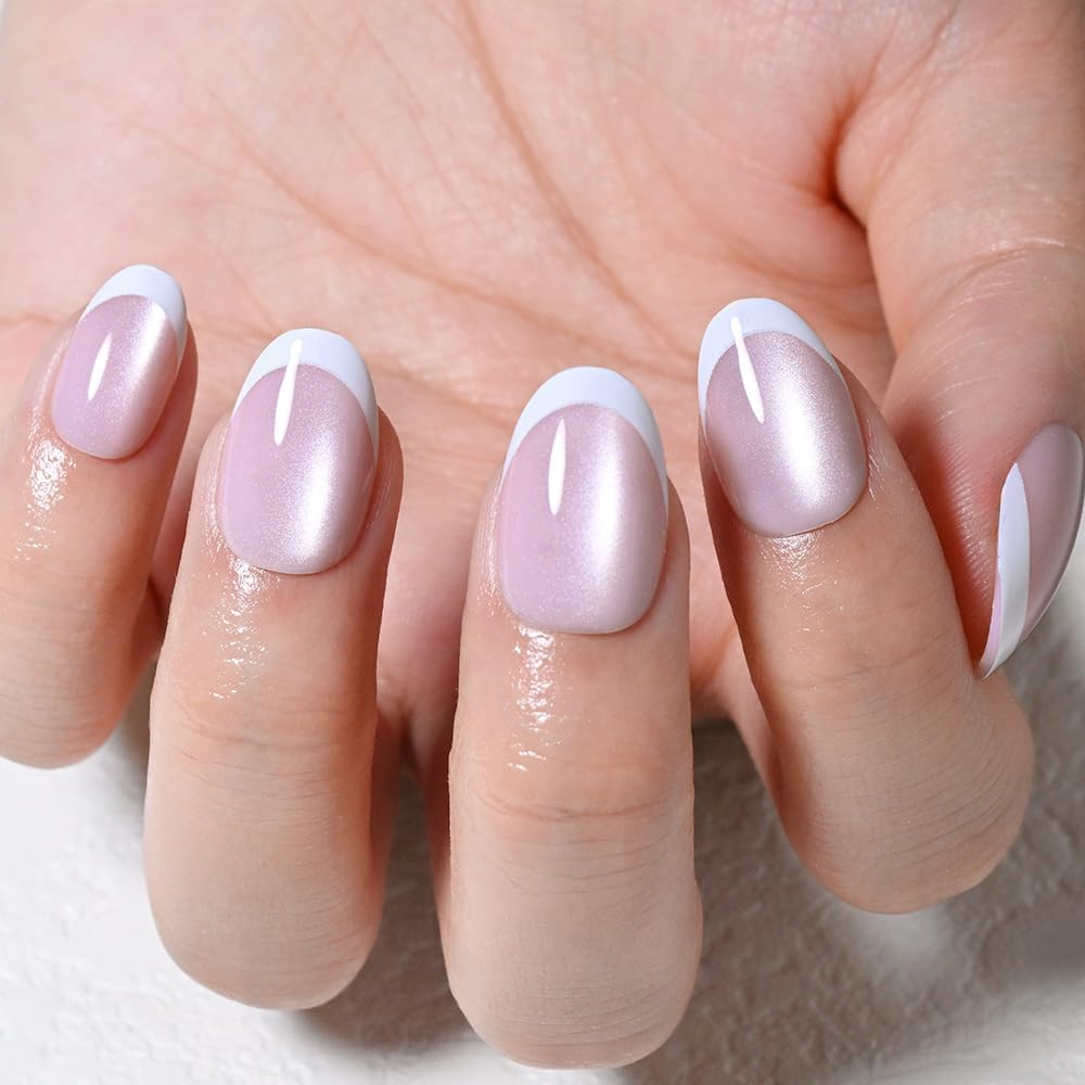 evpct Nude Pink Cat Eye French Tip Press on Nails Short Oval No Glue, White French Tip Short Oval Holographic Stick on Nails for Women, Reusable Full Cover Soft Press on Nail Perfectly with Design
