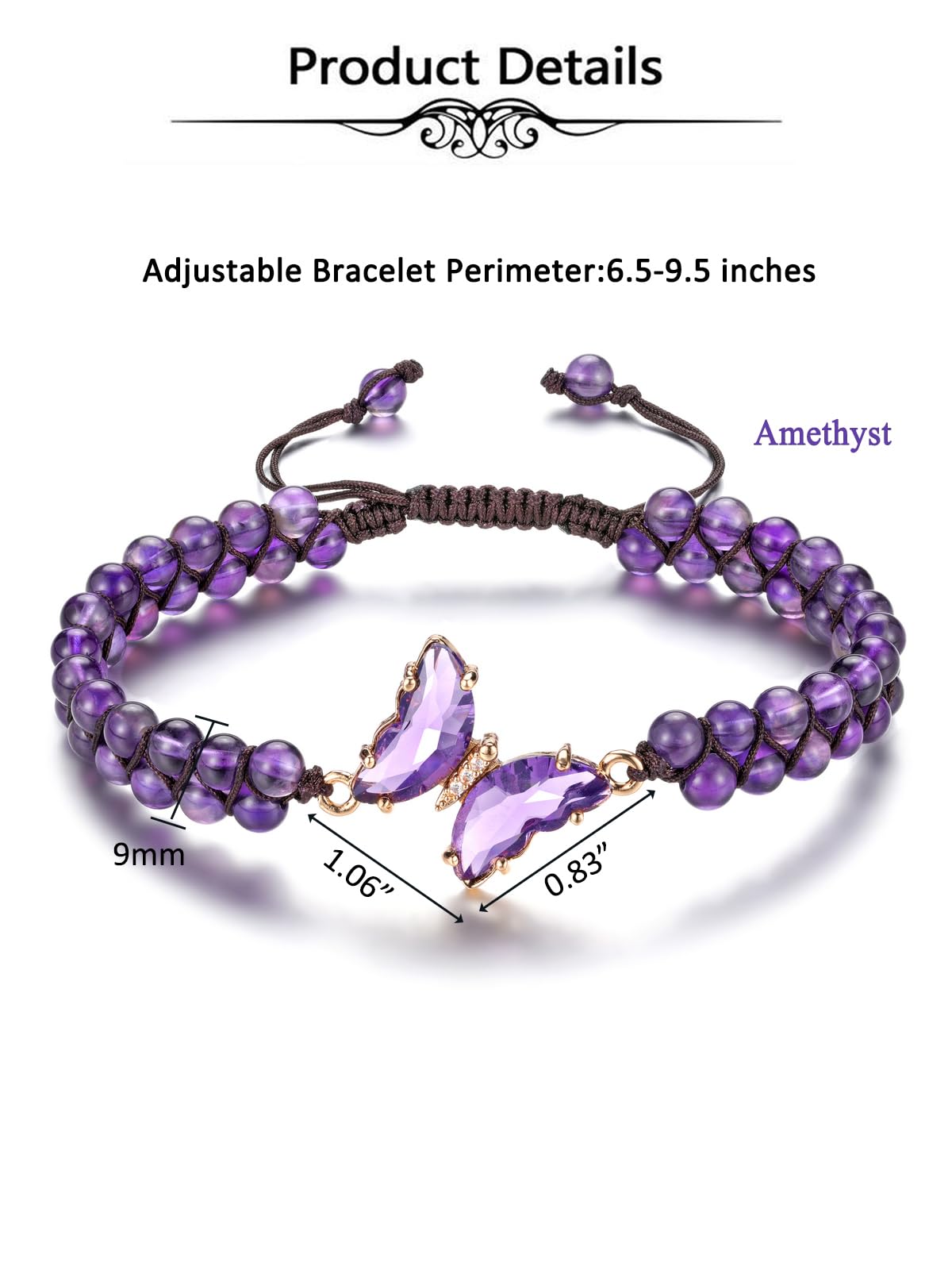 Top Plaza Healing Crystal Amethyst Bracelets for Women Purple Butterfly Natural Gemstone Beaded Bracelet Jewelry Gifts for Mom