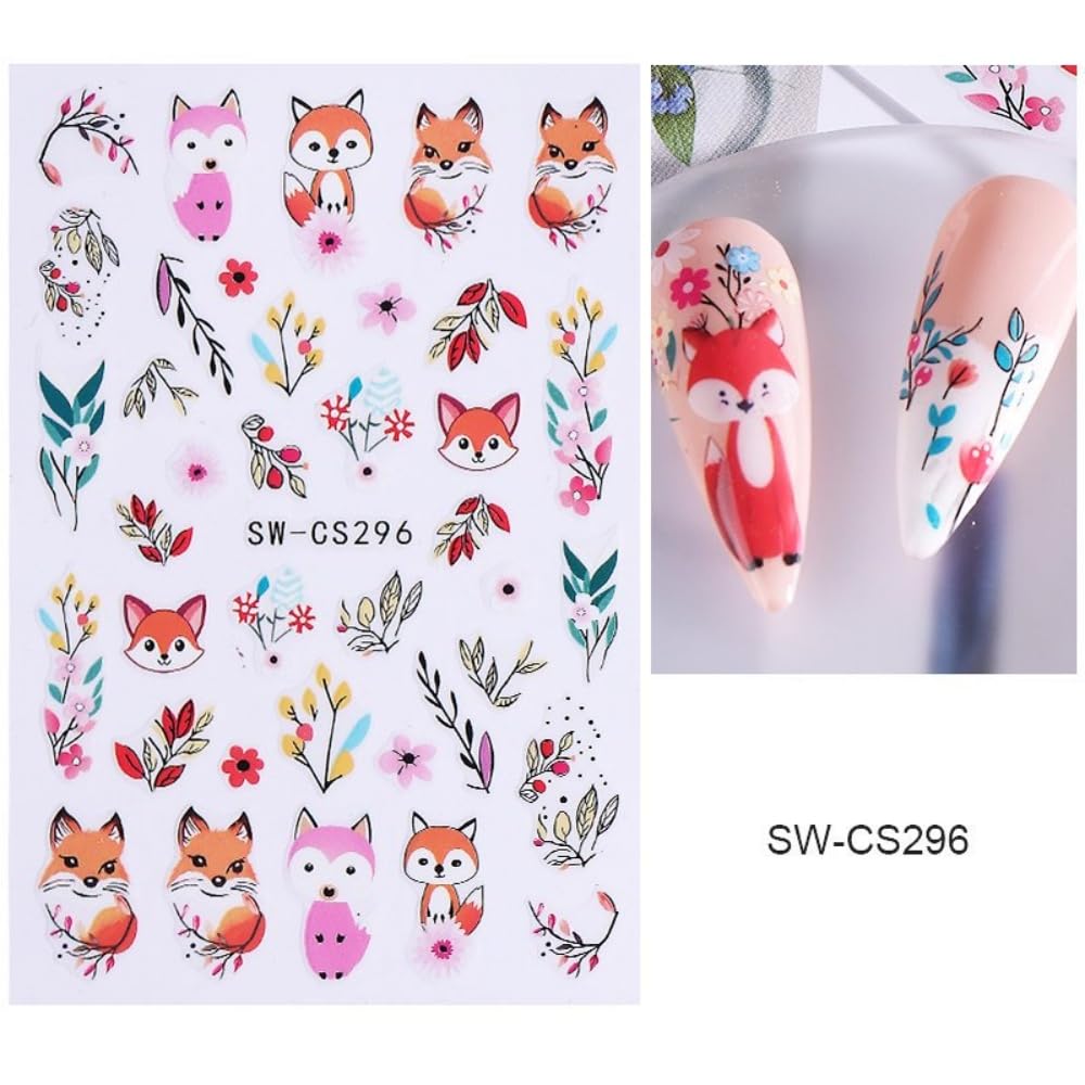 4 Sheets Cartoon Nail Stickers for Nail Art 3D Self-Adhesive Cute Pink Fox Nail Designs Colorful Flower Leaf Nail Decals Floral 5D Embossed Animal Cat Nails Supplies for Women Holiday DIY Manicure