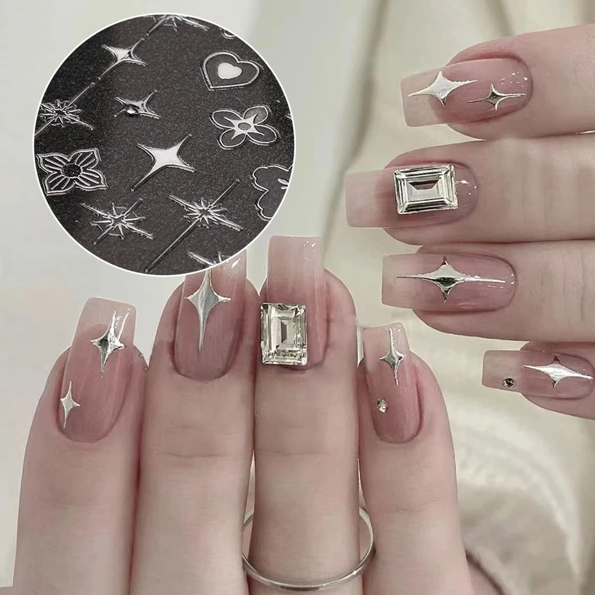 6 Sheets Gold Star Nail Sticker, Retro Design,3D Self-Adhesive Nail Decals Silver/Pink Gold Hollow Cross Star Heart Glitter Designer Nail Supplies Elegant Luxury Manicure Sticker DIY for Women Girls
