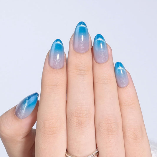 WiniBeauty Blue Cat Eye Press On Nails Almond - Ombre Short Almond Fake Nails, Blue Cateye Press On Nails Reusable Stick On Nails in 16 Sizes, 32pcs False Nail Kit for Women & Girls (Fading Tides)