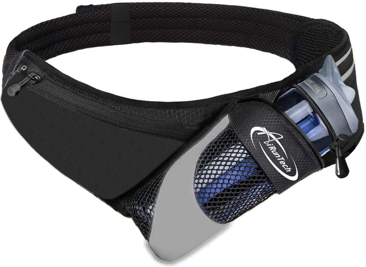 AiRunTech Upgraded No Bounce Hydration Belt Can be Cut to Size Design Strap for Any Hips for Men Women Running Belt with Water Bottle Holder Pocket Fits Smartphones Black Bottle diameter up to 3.2 in