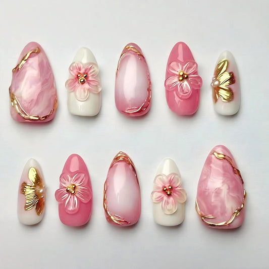 30pcs Red Gradient Flower Press on Nails Set, French Tip Fake Nail with Flower Designs Cute Floral Glue on Nails Gold French False Nail Tips Almond Stick on Nails Removable Acrylic Nail Kit for Women