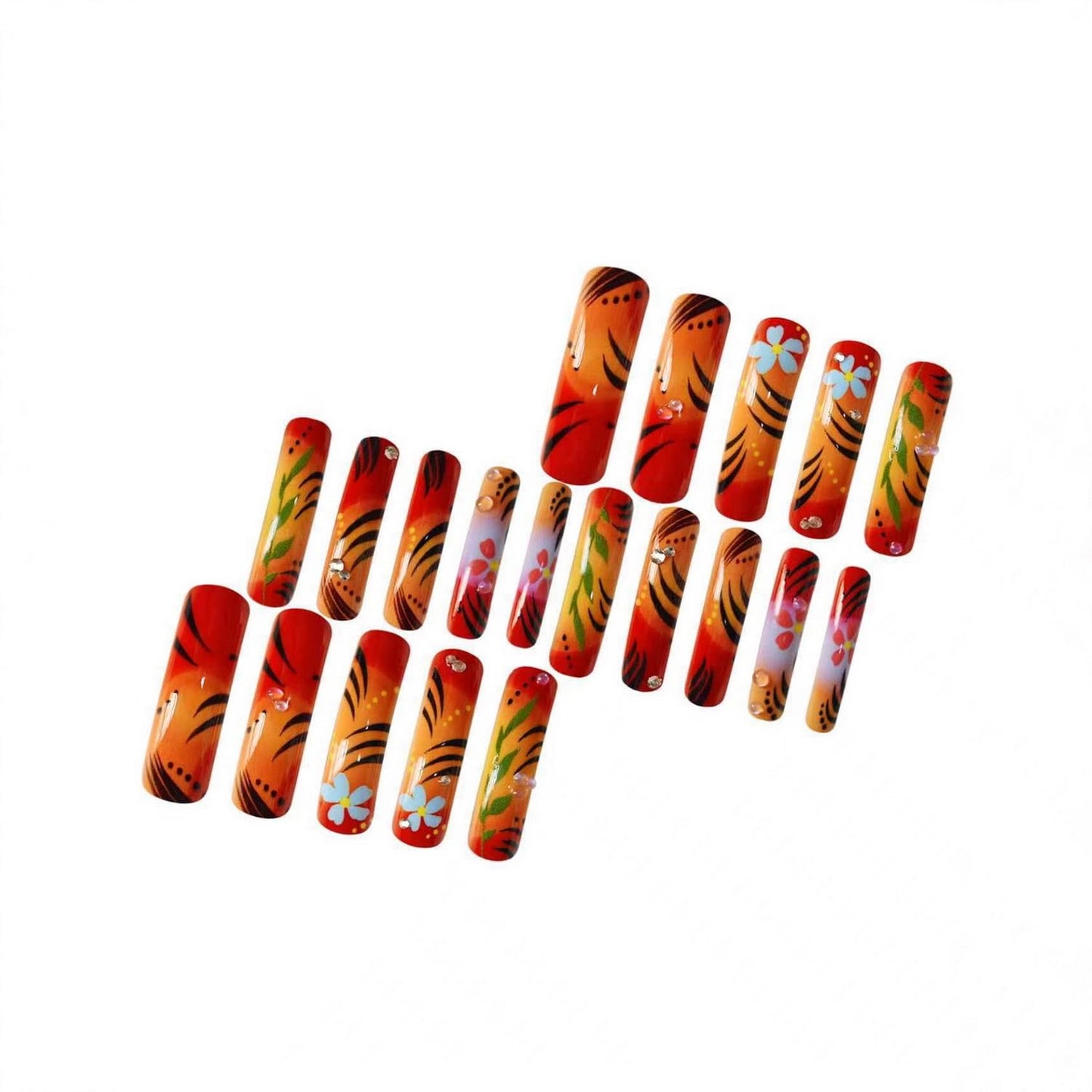 Curved Press on Nails Extra Long Square Fake Nails Full Cover Orange with Flower designs Rhinestones Press ones Glossy Curve Fake Nails Reusable Acrylic Glue on Nails for Women Girls Manicure24pcs