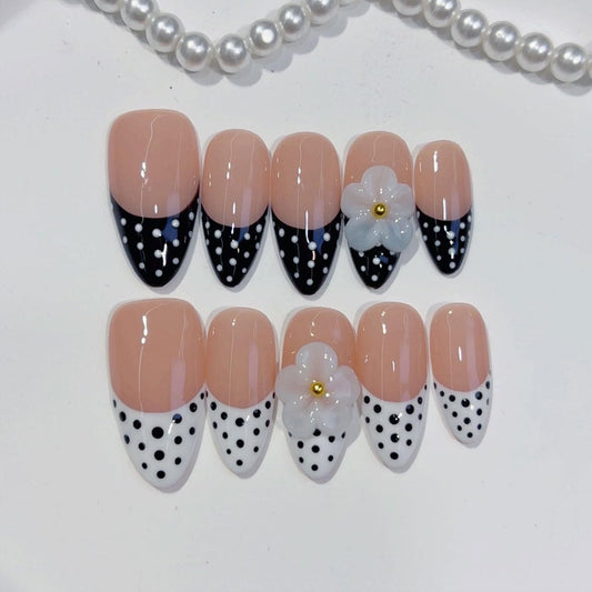 Polka Dot Press on Nails Medium Almond Fake Nails White Black French Tips Handmade False Nails Glossy Acrylic Nude Full Cover Glue on Nails Reusable Stick on Nail for Women Manicure 10 Pcs （M）