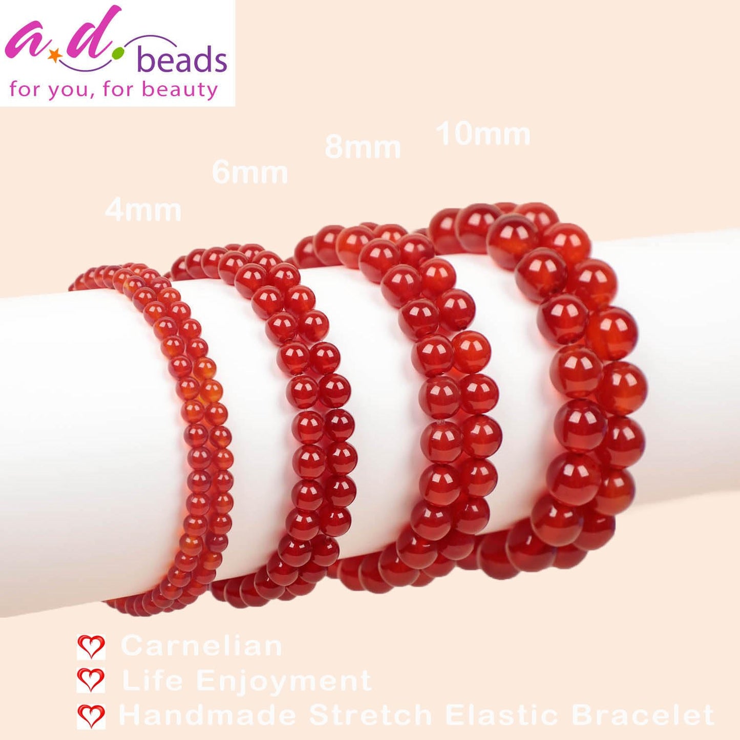 AD Beads Handmade Gemstone Stretch Elastic Bracelet Crystal Healing Reiki Nature's Beauty and Spiritual Essence Unisex (6mm, Carnelian (Life Enjoyment))