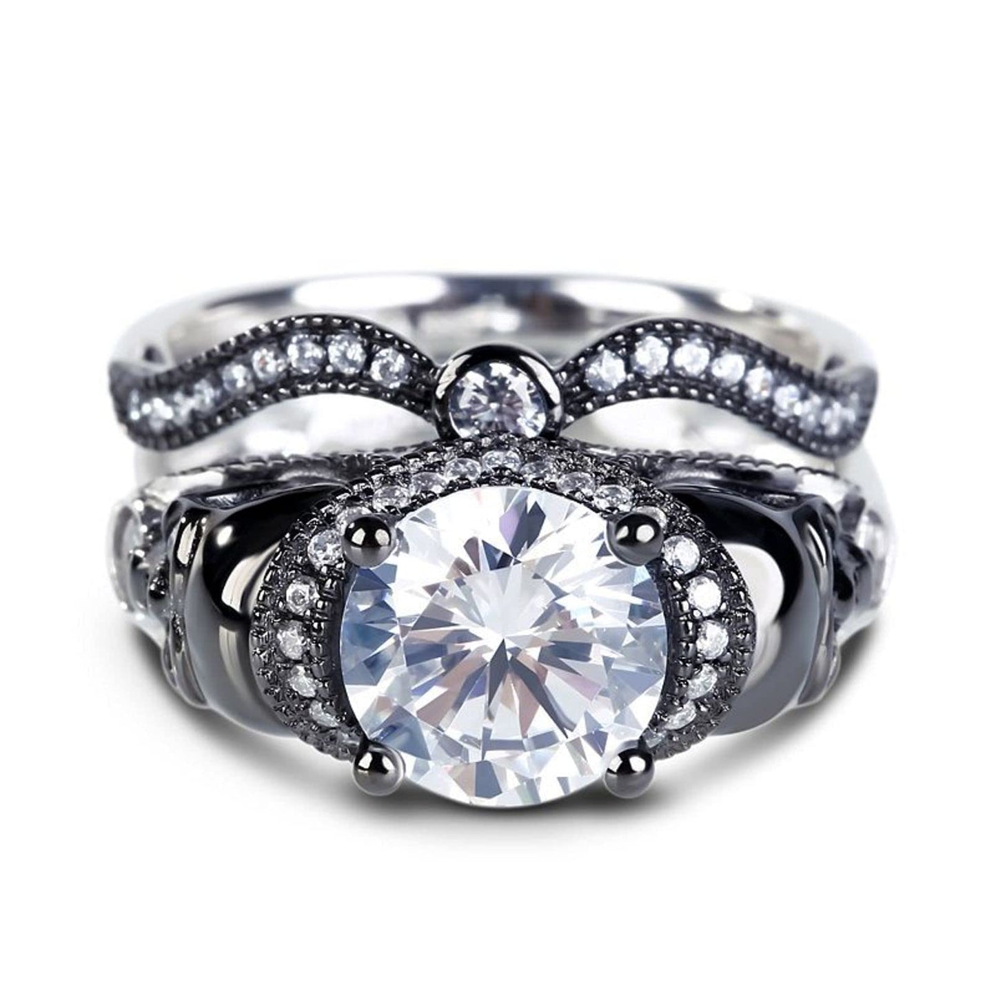 Jeulia 4.97 Carat Twist Skull Rings for Women Two Tone Round Cut Sterling Silver Two Tone Twist Band Rings White Diamond Bridal Ring Set Black Plated Engagement Promise Rings with Jewelry Gift Box,
