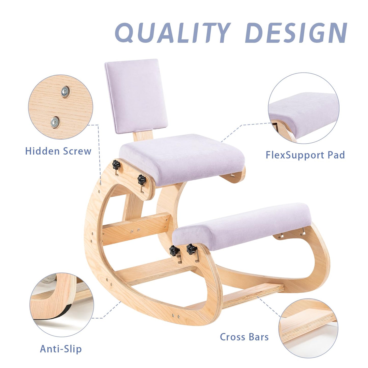 VDNEND Ergonomic Kneeling Chair with Back Support,Wooden Kneeling Chair Desk for Work, Rocking Office Kneel Chairs for Relieve Back Pain, Kneeling Posture Chairs for Gaming,Home (Light Purple)