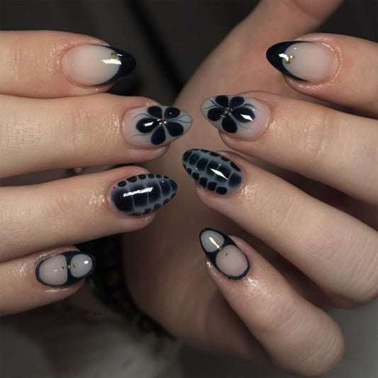 SINHOT Almond Press on Nails - Short Fake Nails, Glossy Finish, Goth Blue Flower & Crocodile Print, DIY Artificial False Nail Art - 24 Pcs Nail Kit with Glue