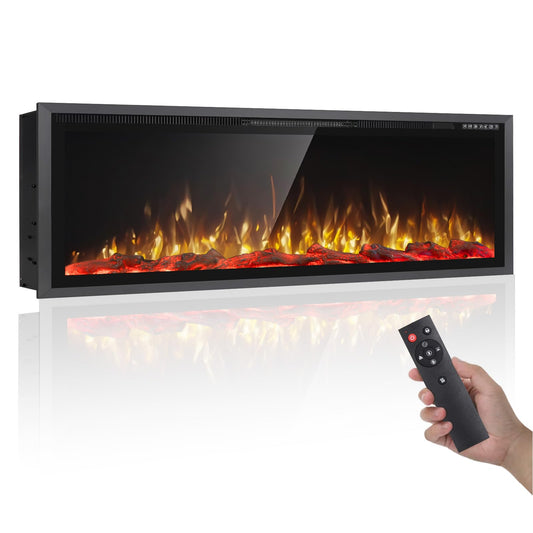 PRETZI 60" Electric Fireplace Ultra Narrow Aluminum Frame & Wide Screen, Electric Fireplace Inserts/Wall Mounted with Heater, Adjustable Flame Color and Brightness, Remote Control/Timer, 750/1500w