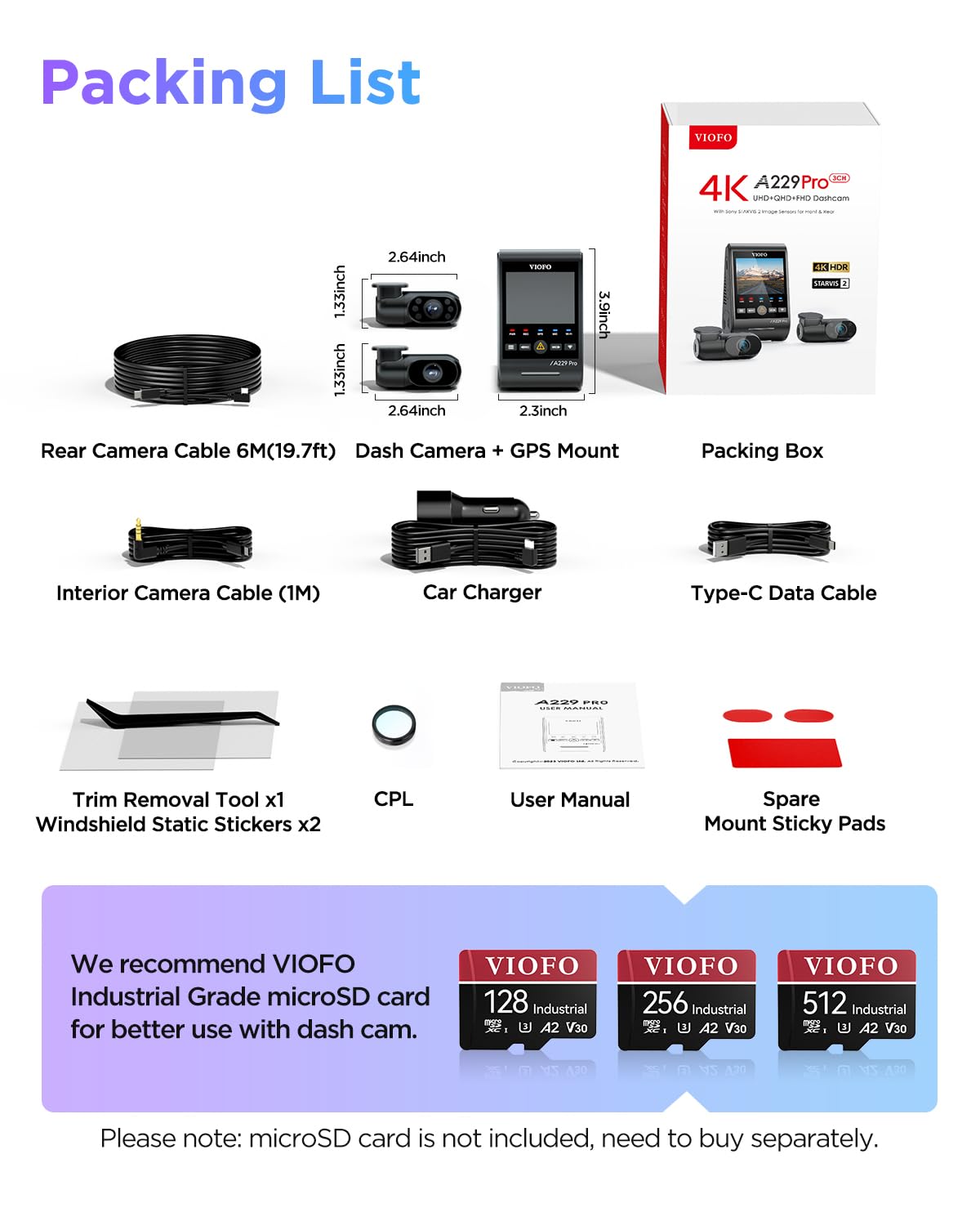 VIOFO A229 Pro 3 Channel 4K HDR Dash Cam, Dual STARVIS 2 Sensors IMX678 & IMX675, 4K+2K+1080P Front Inside and Rear Triple Car Camera, 5GHz WiFi GPS, Voice Control, 24H Parking Mode