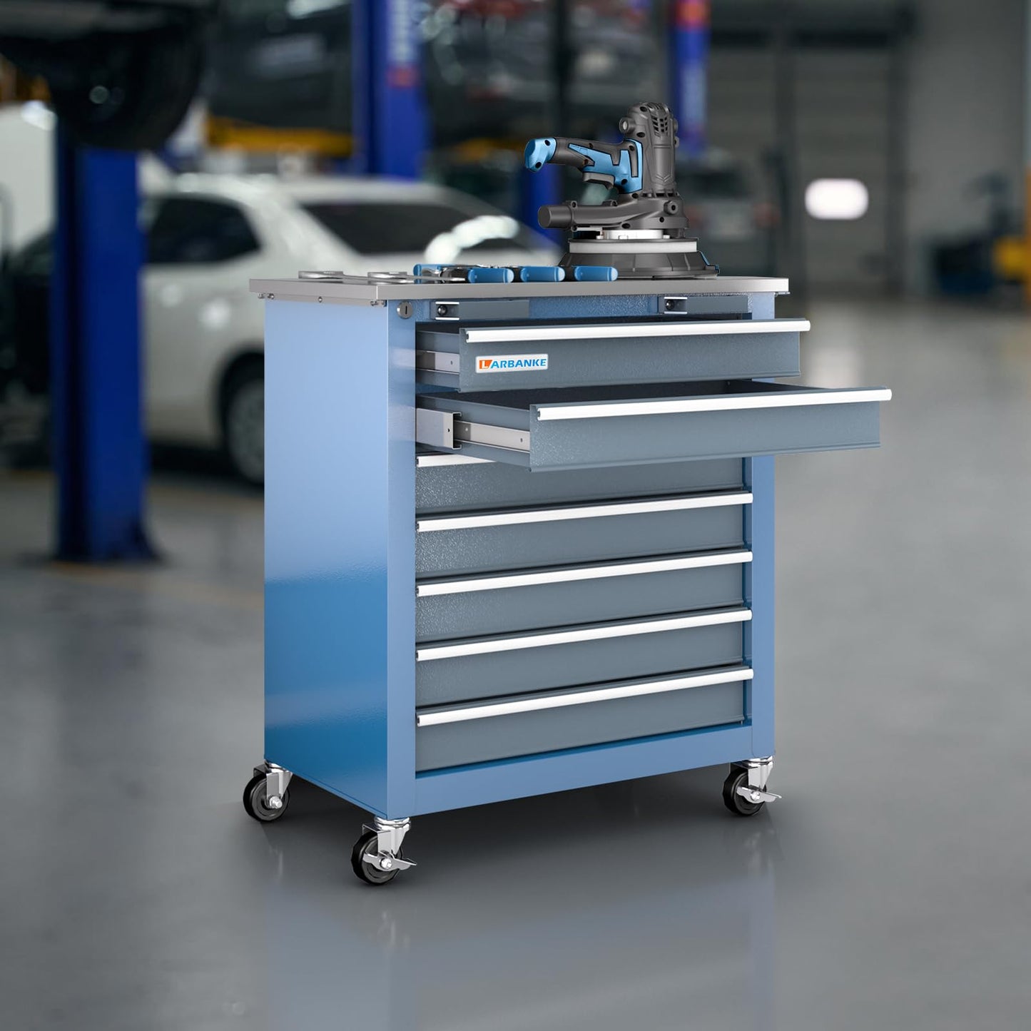 LARBANKE 7-Drawer Rolling Tool Chest with 360°Wheels and Padded Feet,Tool Chest with Stainless Steel Countertop,Tool Cabinet with Secure Locking System,for Home, Garage and Office