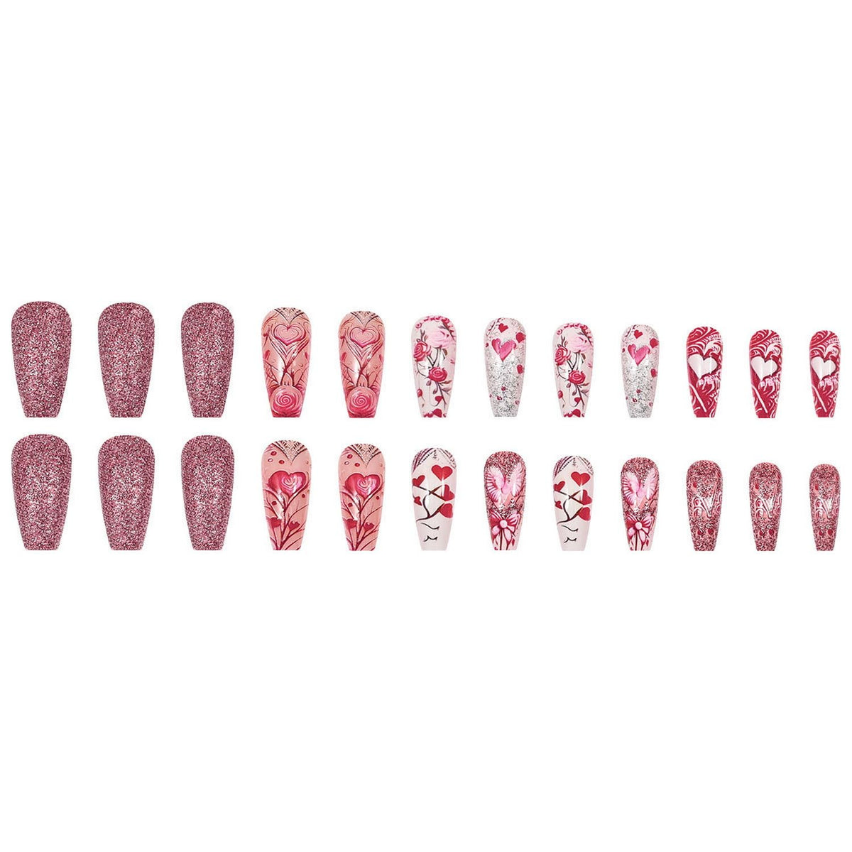 Valentine's Day Press on Nail Long Coffin Fake Nails with designs Pink Press ones Full Cover Hearts Stick on Nail Glitter Acrylic False Nails Reusable Glue on Nails for Women Romantic Manicure24pcs
