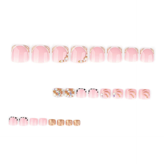 French Tips Press on Toenails Gold Bead Fake Toenails Pearl Toe Nails Press ons Short Square False Toenails Reusable Nude Full Cover Acrylic Stick on Toe Nails Summer Nail for Women Manicure Art 24pcs