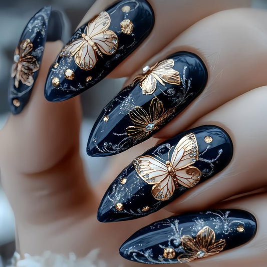 Vintage Gold Butterfly Press on Nails Medium Almond Shaped Fake Nails Gold Glitter Powder Flower Design Glossy Full Cover Artificial Stick on Nails for Women Girls Manicure Decorations 24Pcs