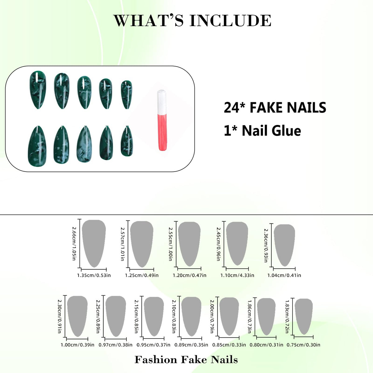 IMRAIN Press on Nails Medium Almond Fake Nails Green Ombre Marble False Nails Full Cover Glossy Artificial Reusable Acrylic Stick on Nails for Women Manicure Kit