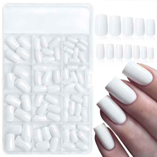 LoveOurHome 240pc White Press on Nails Medium Square Fake Nails Press ons Square Nail Tips Gel False Nails Colored Presson Artificial Fingernails & Glue Adhesive Tabs Women Girls Manicure Decor