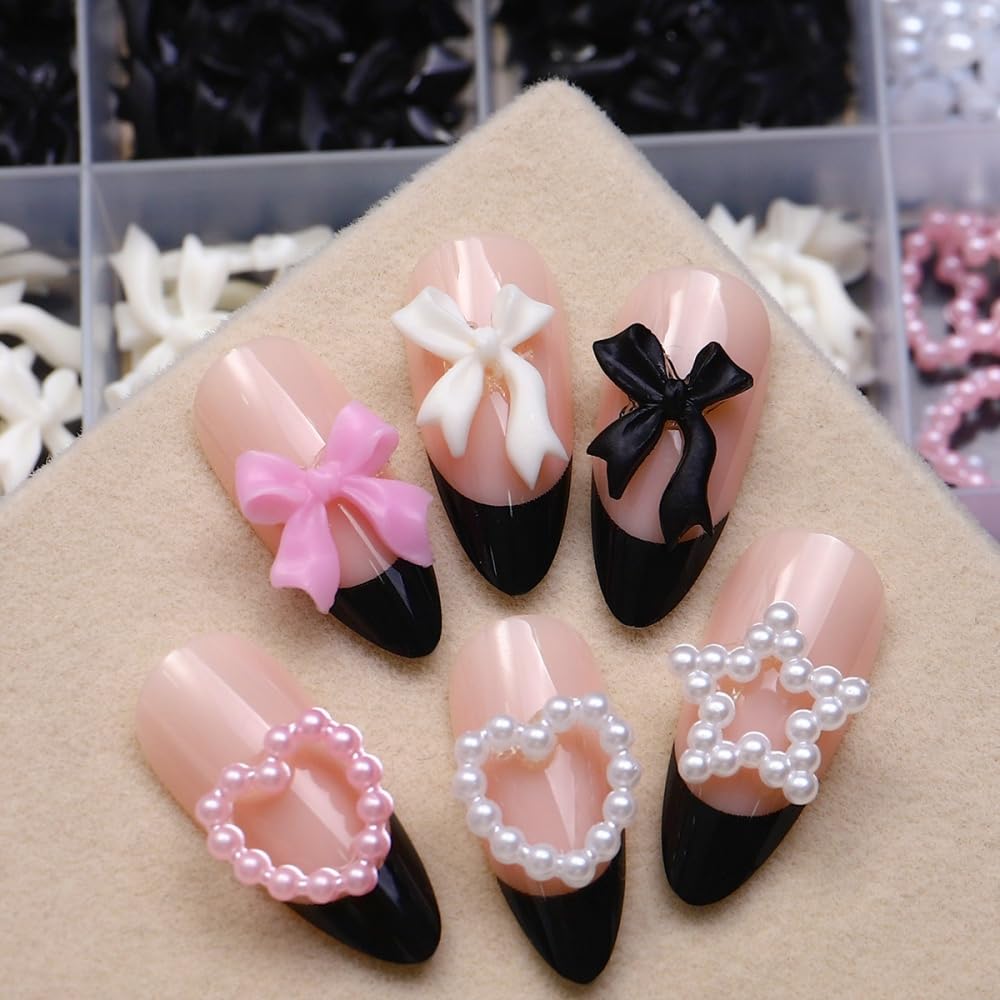 Bow Nail Charms 3D Resin Pink White Black Nail Gems Cute Silver Pearl Beads Nail Jewels Shiny Star Hearts Bowknot Nail Art Supplies for Women DIY Acrylic Nail with Tweezers 12 Grids 1 Box 12 Styles