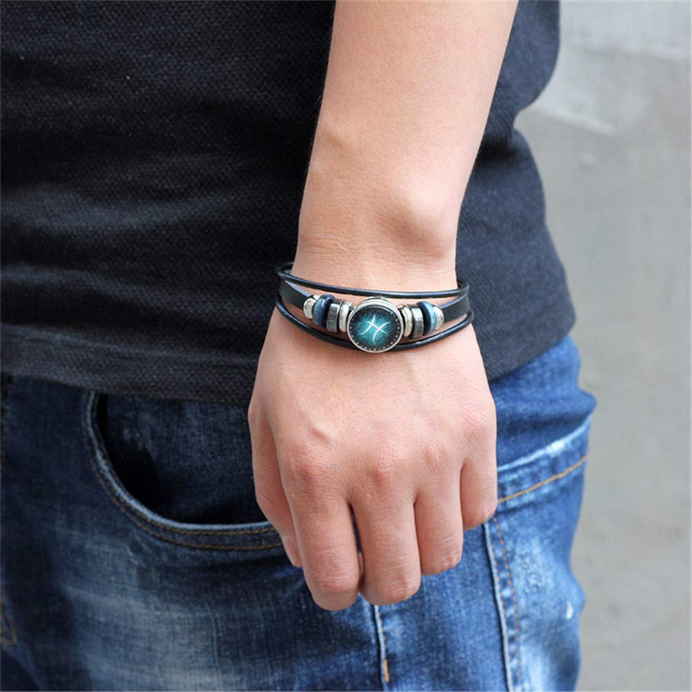 Zodiac Constellation Leo Bracelet Handmade Woven Multilayer Zodiac Sign Leather Wrap Bracelet Wristband for Women Men Jewelry Gift 2Pcs Set