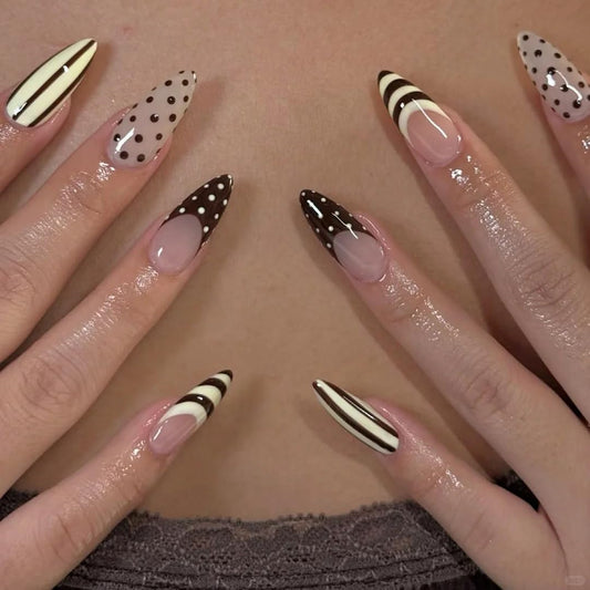Almond Handmade Press on Nails, Black & White French Tip with Polka Dots and Stripes, Glossy Full Cover Fake Nails for Women, 10PCS (MT-193, M)